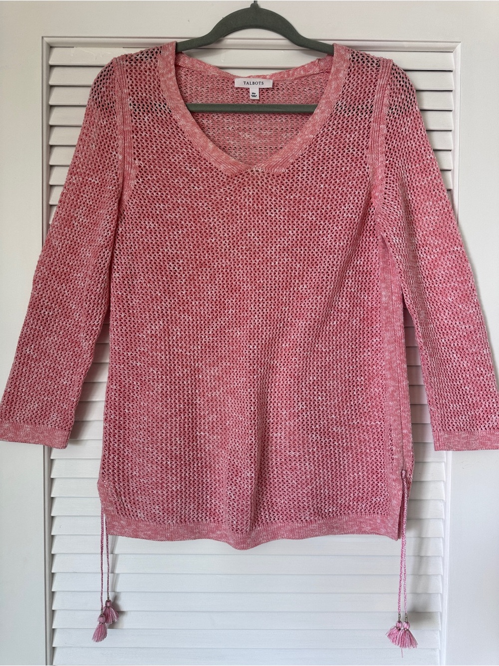 Talbots 100% Pima Cotton Open Knit Tunic Sweater Coral Pink Tassel Ties MP